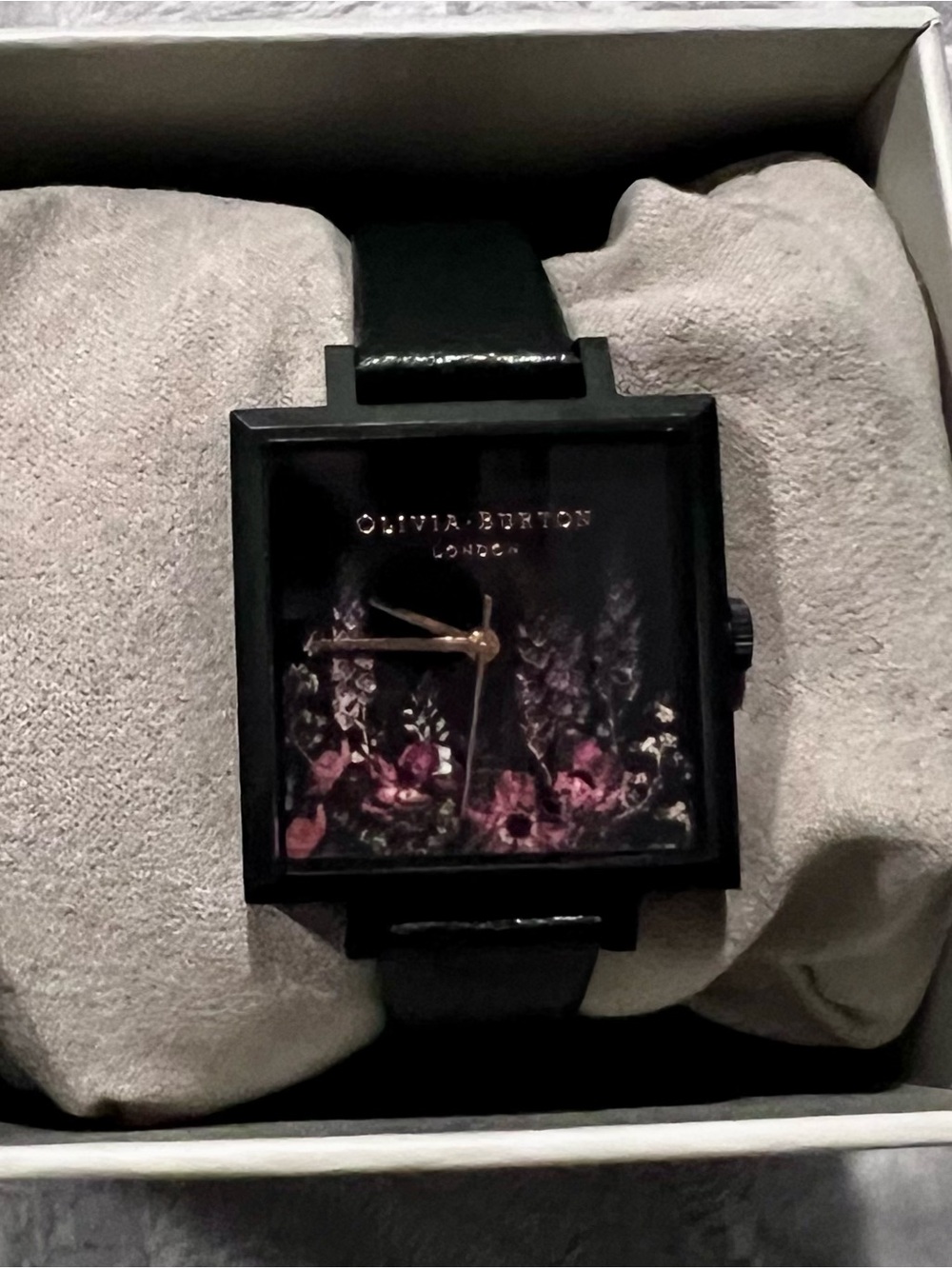 OLIVIA BURTON Black Floral Square Dial Leather Strap Watch